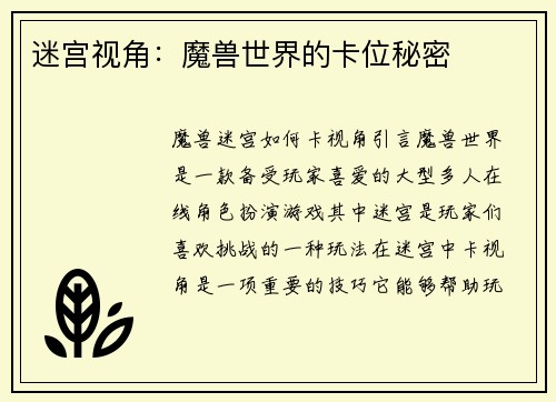 迷宫视角：魔兽世界的卡位秘密